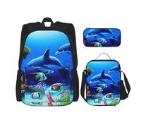 MDATT Hermosa mochila de coral con diseño de delfines del mundo submarino con fiambrera, mochila de anime, mochila escolar, mochila para tres personas, Black, Talla única, Juego de mochila escolar