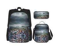 MDATT Hermosa mochila de mariposa para niñas, mochilas escolares con lonchera y estuche 3 en 1, juego de bolsas escolares, Piedra de playa, Talla única