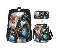MDATT Hermosa mochila de mariposas con fiambrera, mochila de anime, mochila escolar, mochila para tres personas, Black, Talla única, Juego de mochila escolar