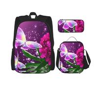 MDATT Hermosa mochila floral de mariposa morada con fiambrera, mochila de anime, mochila escolar, mochila para tres personas, Black, Talla única, Juego de mochila escolar