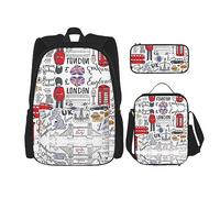 MDATT Houndstooth - Mochila negra para niñas, mochila escolar con lonchera y estuche para lápices, juego de bolsas escolares 3 en 1, Amo Londres, Talla única
