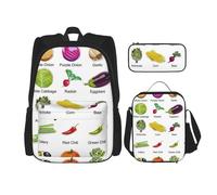 MDATT Introducción de varias verduras mochila con fiambrera, mochila de anime, mochila escolar, mochila para tres, Black, Talla única, Juego de mochila escolar