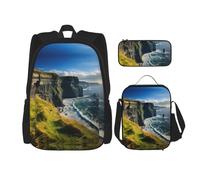 MDATT Ireland County Clare The Cliffs Mochilas de estudio con lonchera y estuche de lona para estudiantes de primaria, Black, Talla única, Juego de mochila escolar