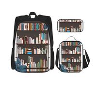 MDATT Library - Mochilas de estudio con lonchera, estuche de lona, bolsa de viaje para estudiantes de primaria, Black, Talla única, Juego de mochila escolar