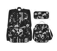 MDATT Linda mochila con diseño de búhos de dibujos animados con lonchera y estuche de lápices de 3 pulgadas, mochilas kawaii con bolsa de almuerzo a juego, Flores a rayas blancas y negras, Talla
