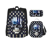 MDATT Linda mochila con diseño de búhos de dibujos animados con lonchera y estuche de lápices de 3 pulgadas, mochilas kawaii con bolsa de almuerzo a juego, Rayas azules, estrellas, calavera, Talla