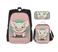 MDATT Linda mochila de cerdo con lonchera y estuche para lápices, mochilas Kawaii con bolsa de almuerzo a juego, Bonito cerdo de orejas largas, Talla única, Mochilas daypack