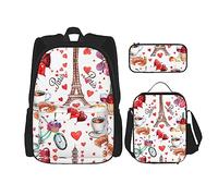 MDATT Lodge Bear Deer Fish Mochila para niñas, mochila escolar con lonchera y estuche para lápices, juego de bolsas escolares 3 en 1, Love Paris Torre Bicicleta Corazón, Talla única