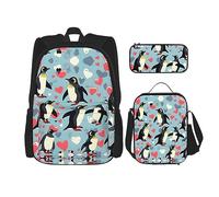 MDATT Mochila a cuadros rojos con caja de almuerzo y estuche de lápices de 3 pulgadas, mochilas Kawaii con bolsa de almuerzo a juego, I Love Penguins, Talla única, Mochilas daypack