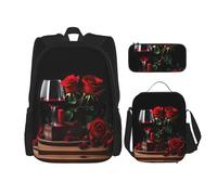 MDATT Mochila blanca con rama verde natural con lonchera y estuche de lápices de 3 pulgadas, mochilas Kawaii con bolsa de almuerzo a juego, Decoración romántica para amantes de la rosa roja y el vino,