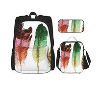 MDATT Mochila colorida dibujada a mano con plumas en color blanco con fiambrera, mochila de anime, mochila escolar, mochila para tres personas, Black, Talla única, Juego de mochila escolar