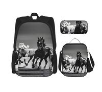 MDATT Mochila colorida para cupcakes con lonchera y estuche de lápices de 3 pulgadas, mochilas Kawaii con bolsa de almuerzo a juego, Caballos blancos y negros corriendo, talla única