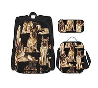 MDATT Mochila con bandera de Alemania para niñas, mochila escolar con lonchera y estuche 3 en 1, juego de bolsas escolares, Perro pastor alemán, Talla única