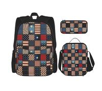 MDATT Mochila con bandera de España americana para niñas, mochila escolar con lonchera y estuche 3 en 1, juego de bolsas escolares, Bandera americana Patchwork, Talla única