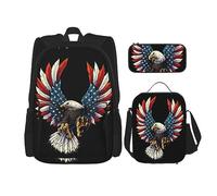 MDATT Mochila con bandera de España americana para niñas, mochila escolar con lonchera y estuche 3 en 1, juego de bolsas escolares, Bandera de águila americ, Talla única