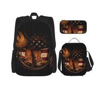 MDATT Mochila con bandera de España americana para niñas, mochila escolar con lonchera y estuche 3 en 1, juego de bolsas escolares, Bandera americana con botas de vaquero, Talla única