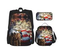 MDATT Mochila con bandera de España americana para niñas, mochila escolar con lonchera y estuche 3 en 1, juego de bolsas escolares, Águila de fuego con bandera, Talla única