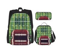 MDATT Mochila con bandera de España americana para niñas, mochila escolar con lonchera y estuche 3 en 1, juego de bolsas escolares, Campo de fútbol americano y pelota, Talla única