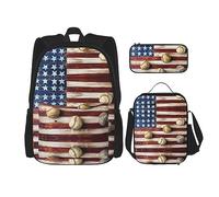 MDATT Mochila con bandera de España americana para niñas, mochila escolar con lonchera y estuche 3 en 1, juego de bolsas escolares, Bandera americana y béisbol, Talla única