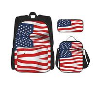 MDATT Mochila con bandera de España americana para niñas, mochila escolar con lonchera y estuche 3 en 1, juego de bolsas escolares, Bandera americana patriótica, Talla única