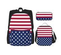 MDATT Mochila con diseño de bandera americana y estrellas y rayas, con fiambrera, mochila de anime, mochila escolar, mochila para tres personas, Black, Talla única, Juego de mochila escolar