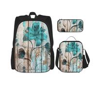 MDATT Mochila con diseño de flor verde azulado sobre tablones de madera con fiambrera, mochila de anime, mochila escolar, mochila para tres personas, Black, Talla única, Juego de mochila escolar