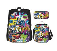 MDATT Mochila con patrón colorido con fiambrera, mochila de anime, mochila escolar, mochila para tres personas, Black, Talla única, Juego de mochila escolar