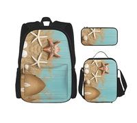 MDATT Mochila con patrón de purpurina para niñas, mochila escolar con lonchera y estuche 3 en 1, juego de bolsas escolares, Estrellas de mar y conchas, Talla única