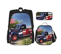 MDATT Mochila con patrón étnico africano con lonchera y estuche de lápices de 3 pulgadas, mochilas kawaii con bolsa de almuerzo a juego, Camiones patrióticos del 4 de julio, Talla única, Mochilas