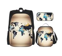 MDATT Mochila con patrón étnico africano con lonchera y estuche de lápices de 3 pulgadas, mochilas kawaii con bolsa de almuerzo a juego, Mapa del mundo abstracto, Talla única, Mochilas de día