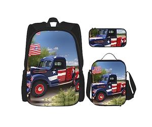 MDATT Mochila con patrón étnico africano con lonchera y estuche de lápices de 3 pulgadas, mochilas kawaii con bolsa de almuerzo a juego, Camiones patrióticos del 4 de julio, Talla única, Mochilas