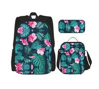 MDATT Mochila con patrones de calabaza de Halloween para niñas, mochila escolar con lonchera y estuche 3 en 1, juego de bolsas escolares, Flor rosa hawaiana, Talla única