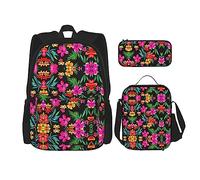 MDATT Mochila con patrones de calabaza de Halloween para niñas, mochila escolar con lonchera y estuche 3 en 1, juego de bolsas escolares, Flor hawaiana, Talla única