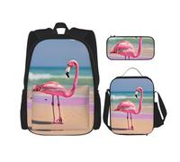 MDATT Mochila con teclas de piano con notas musicales con lonchera y estuche de lápices de 3 pulgadas, mochilas kawaii con bolsa de almuerzo a juego, Un flamenco rosa en la playa, talla única