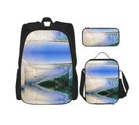 MDATT Mochila de animales blancos para niñas, mochila escolar con lonchera y estuche 3 en 1, juego de bolsas escolares, Cascada y arco iris, Talla única