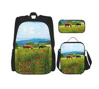 MDATT Mochila de animales blancos para niñas, mochila escolar con lonchera y estuche 3 en 1, juego de bolsas escolares, Varios tipos de caballos, Talla única