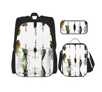 MDATT Mochila de animales blancos para niñas, mochila escolar con lonchera y estuche 3 en 1, juego de bolsas escolares, Varios tipos de cebos de pesca, Talla única