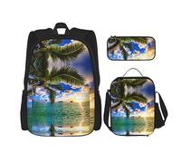 MDATT Mochila de animales blancos para niñas, mochila escolar con lonchera y estuche 3 en 1, juego de bolsas escolares, Tropical Hawaii Palmera Océano Mar Atardecer, Talla única