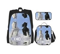 MDATT Mochila de calavera humana en blanco y negro para niñas, mochila escolar con lonchera y estuche 3 en 1, juego de bolsas escolares, Caballos blancos y negros corriendo, Talla única