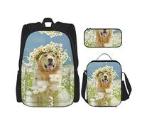 MDATT Mochila de conejillo de indias para niñas con lonchera y estuche escolar 3 en 1, Perro Golden Retriever, Talla única