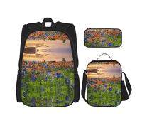 MDATT Mochila de estilo bordado ucraniano rosa para niñas, mochila escolar con lonchera y estuche 3 en 1 juego de bolsas escolares, Texas Bluebonnets Paisaje, Talla única