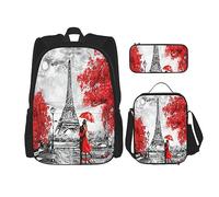 MDATT Mochila de estilo bordado ucraniano rosa para niñas, mochila escolar con lonchera y estuche 3 en 1 juego de bolsas escolares, Torre París Pintura, Talla única