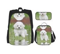 MDATT Mochila de gatos blancos y negros para niñas, mochilas escolares con lonchera y estuche 3 en 1 juego de bolsas escolares, Perro Bichon Frise, Talla única