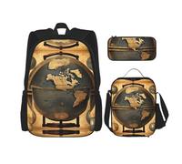MDATT Mochila de globo antiguo con lonchera y estuche de lápices de 3 pulgadas, mochilas Kawaii con bolsa de almuerzo a juego, Globo del mundo antiguo, Talla única, Mochilas daypack