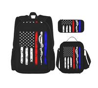 MDATT Mochila de juego de gimnasia para niñas, mochilas escolares con lonchera y estuche para lápices, juego de bolsas escolares 3 en 1, Bandera de Estados Unidos de bombero a rayas rojas, Talla única