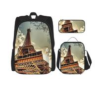 MDATT Mochila de la Torre Eiffel 4 con fiambrera, mochila de anime, mochila escolar, mochila para tres personas, Black, Talla única, Juego de mochila escolar