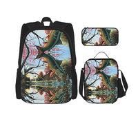 MDATT Mochila de mapa de Grecia para niñas, mochila escolar con lonchera y estuche 3 en 1, juego de bolsas escolares, Safflower Flying Fish, Talla única