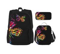 MDATT Mochila de mariposa colorida con fiambrera, mochila de anime, mochila escolar, mochila para libros, juego de mochila para tres personas, Black, Talla única, Juego de mochila escolar