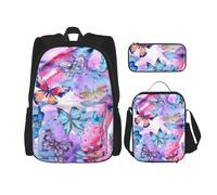 MDATT Mochila de mariposa colorida con fiambrera, mochila de anime, mochila escolar, mochila para libros, juego de mochila para tres personas, Black, Talla única, Juego de mochila escolar