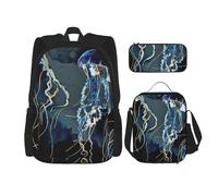 MDATT Mochila de medusas azules y doradas con fiambrera, mochila de anime, mochila escolar, mochila para tres personas, Black, Talla única, Juego de mochila escolar